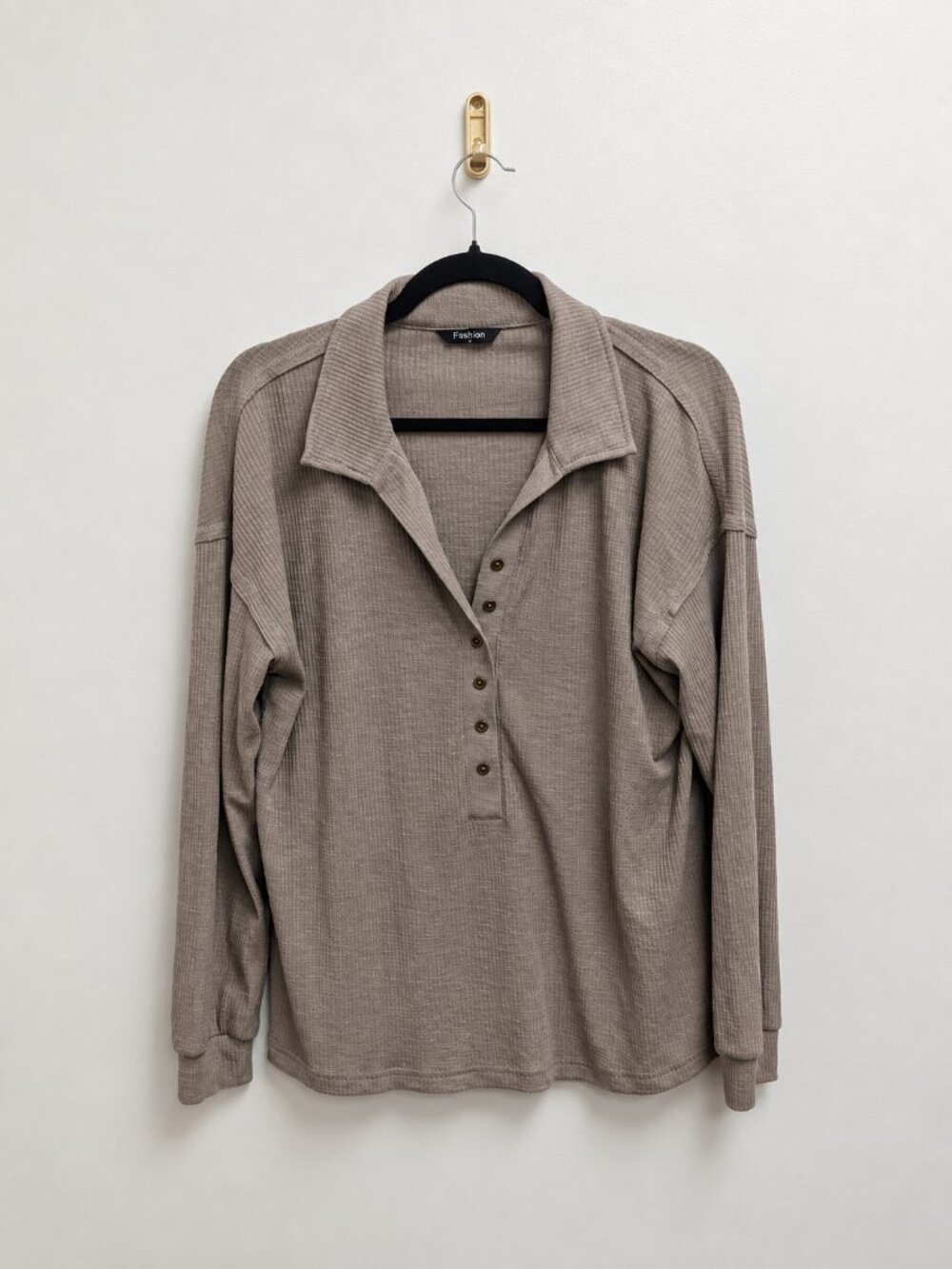 Fashion Light Brown Button-Up Long-Sleeve Ribbed Shirt